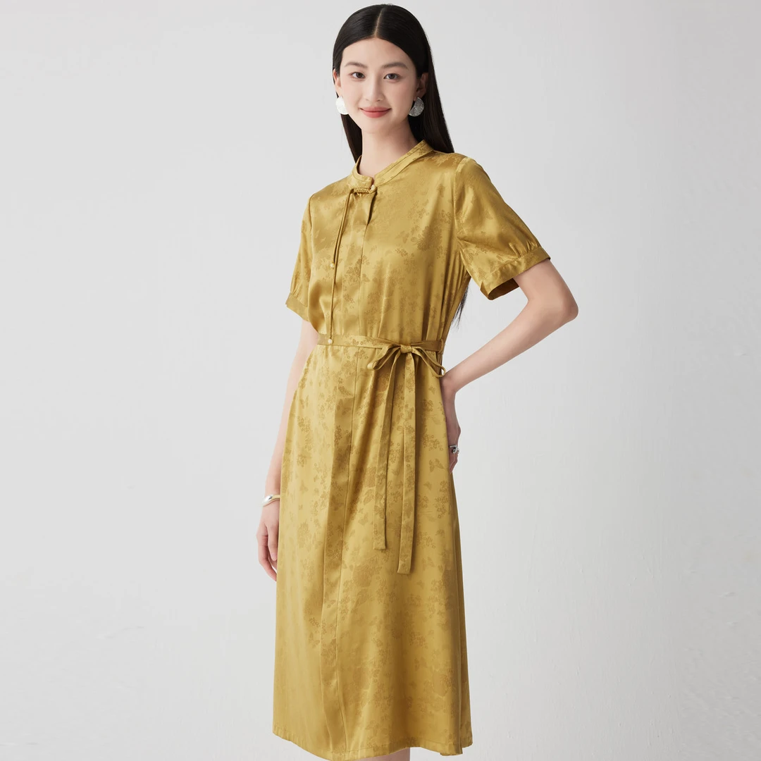 春夏立领盘扣提花都市休闲桑蚕丝时尚连衣裙ES2F0755Z