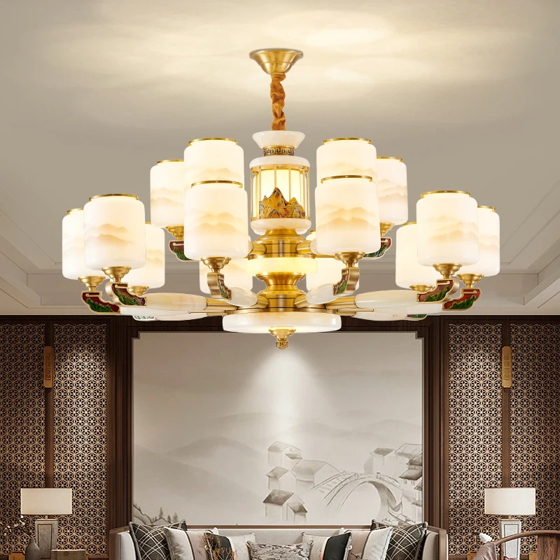 新款新中式国风禅意H65全铜玉石别墅复式楼家用客厅餐厅吊灯大气