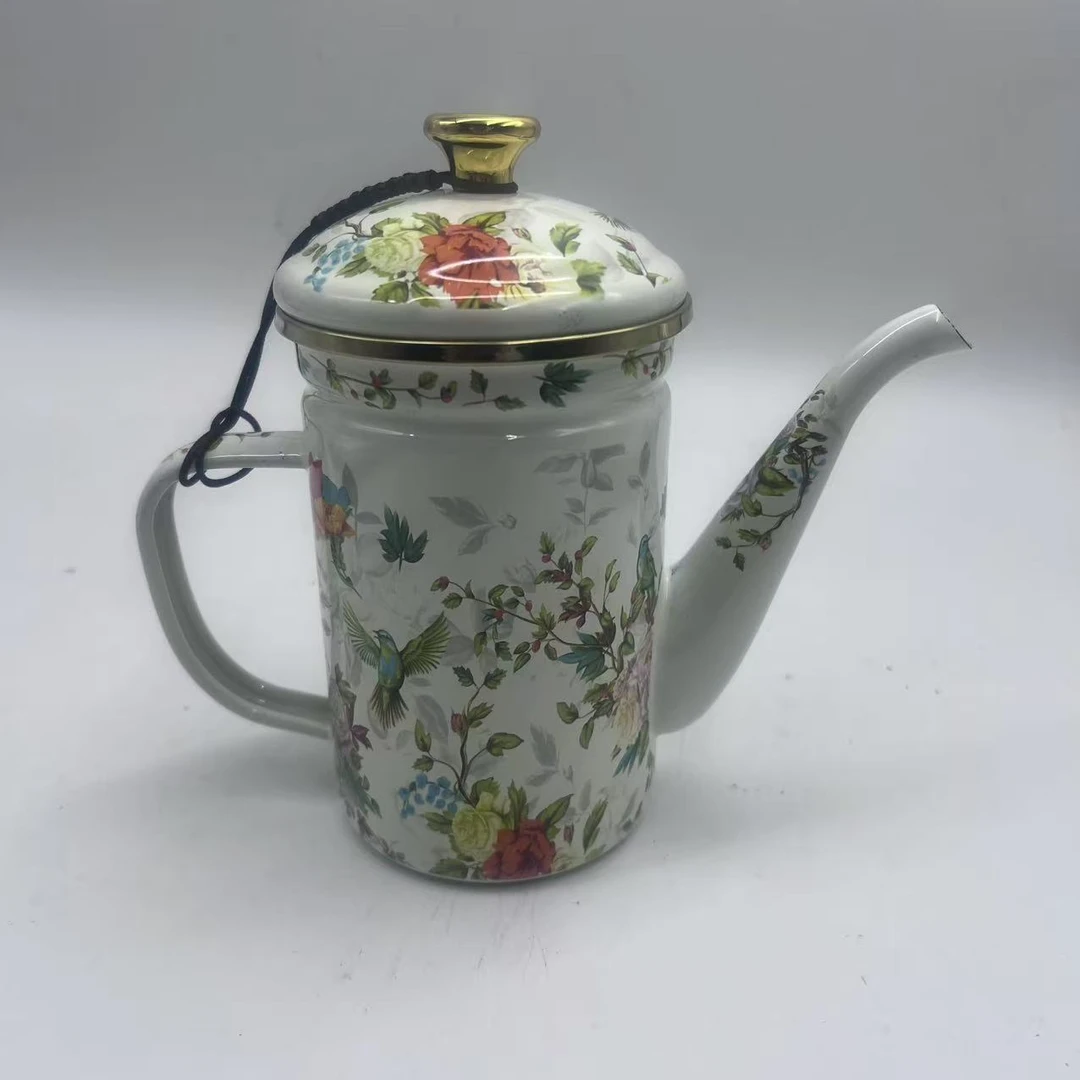 600ml【花鸟油壶】搪瓷油壶带滤网手把壶