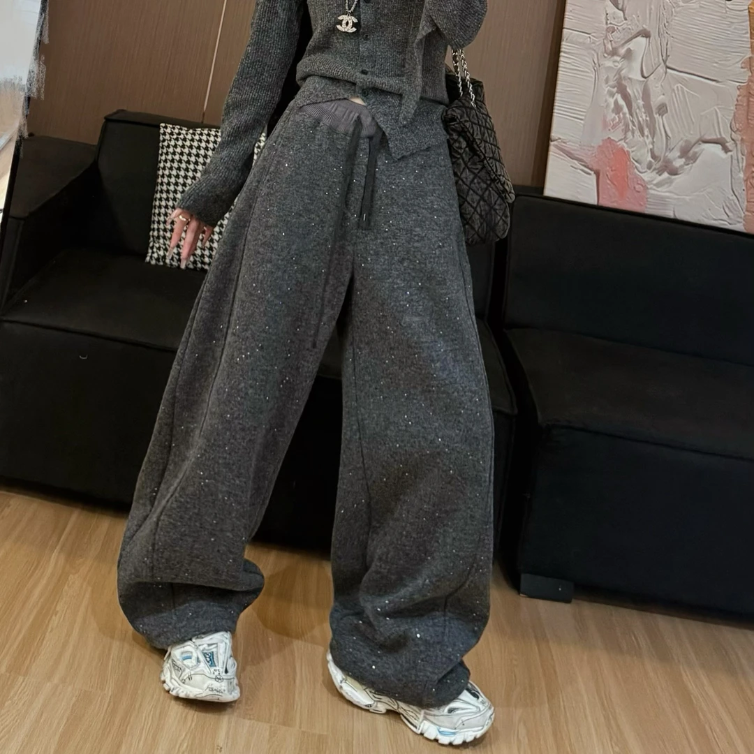 细闪加绒阔腿裤女冬季宽松显瘦抽绳高腰加厚慵懒设计休闲直筒长裤