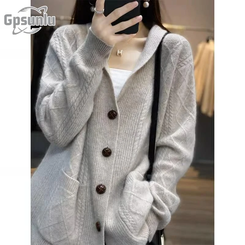 gpsunlu慵懒宽松加厚羊毛衣针织开衫口袋外套女秋冬时尚百搭休闲