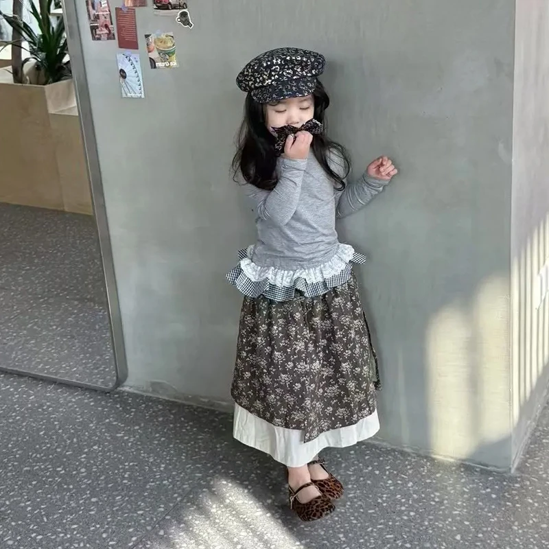 壹妈现货女童秋冬款T恤儿童洋气休闲百搭拼接花边长袖打底衫上衣