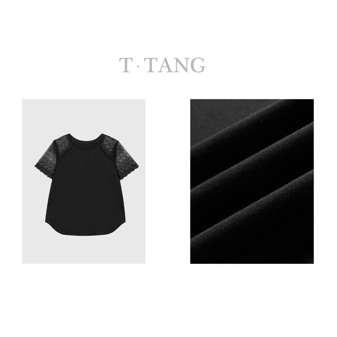 2025年新款170g 60支丝光桑蚕丝休闲潮流宽松圆领蕾丝衫【6962】M