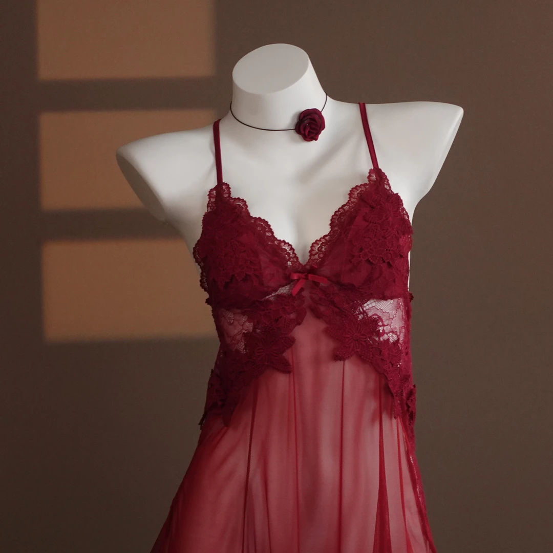 红颜【80-160斤】刺绣女士睡裙法式轻薄柔雾纱时尚蕾丝优雅