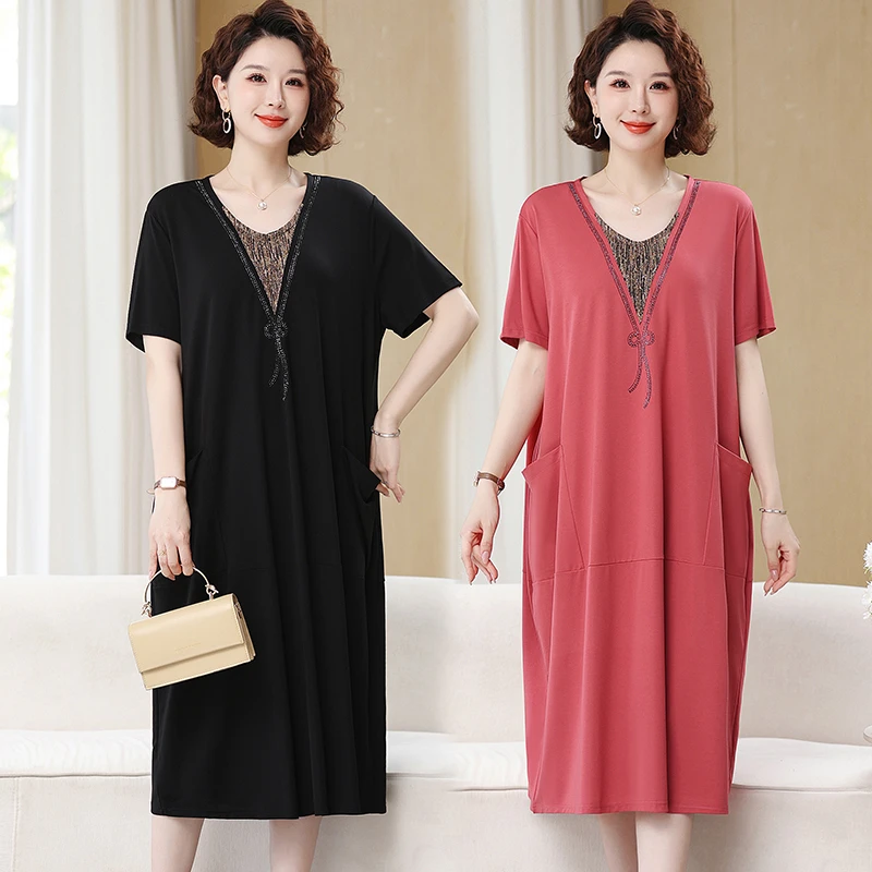 口袋斑马纹休闲风中老年女装显瘦加大中长款夏装女装连衣裙