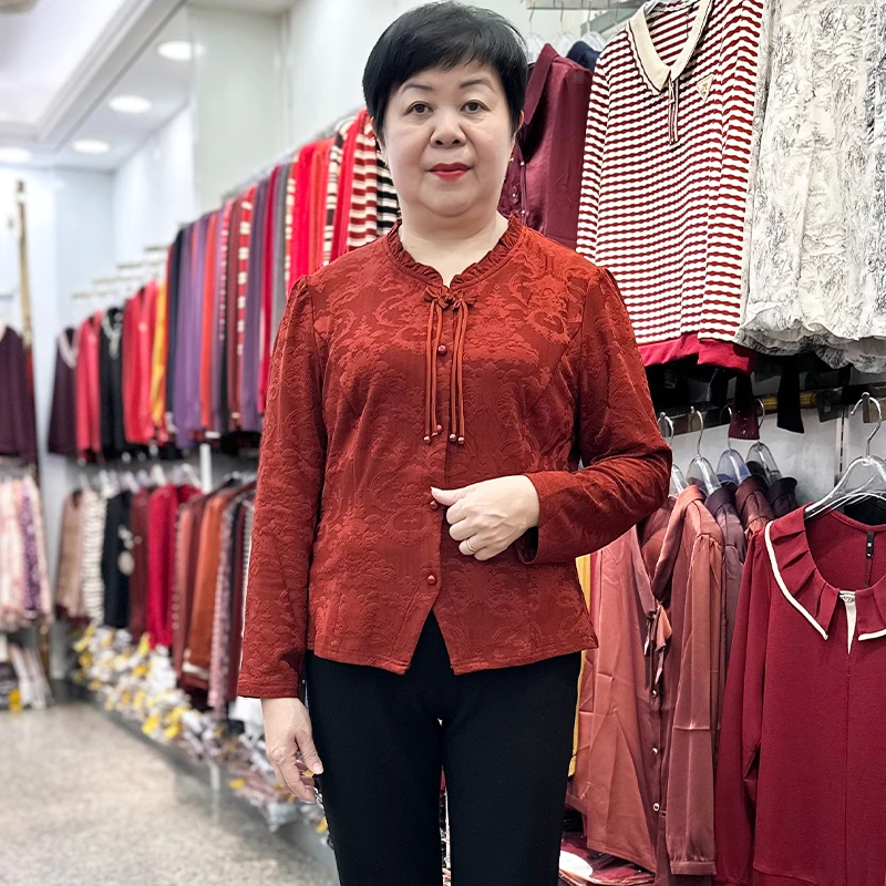 新中式国风秋冬小个子妈妈装长袖提花T恤喜婆婆中老年短款上衣女