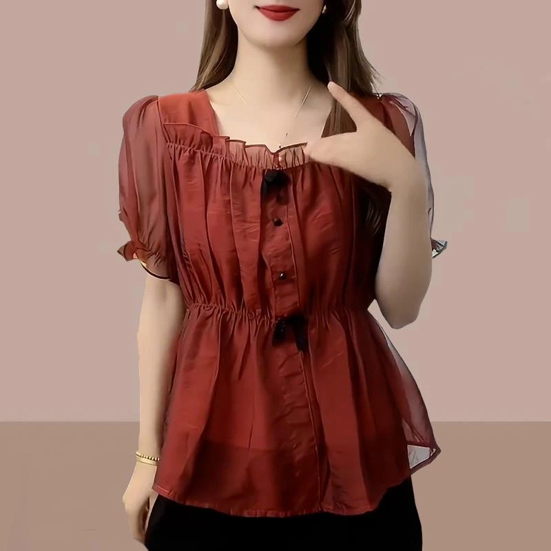 正品哥家丝雪纺衬衫女高级感法式小众夏季新款设计感方领泡
