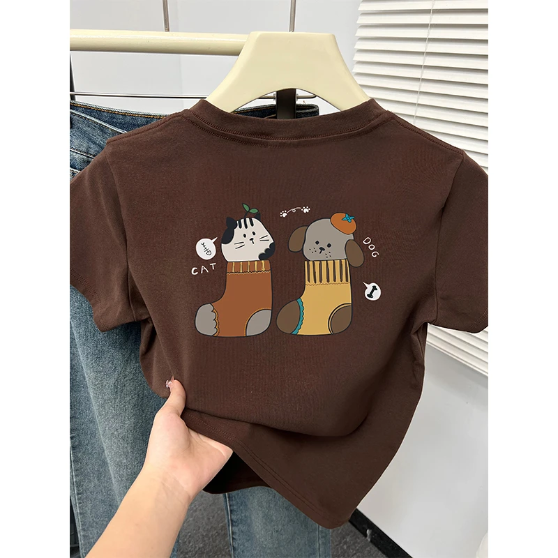 棕色t恤女正肩短袖2025夏季新款韩版洋气减龄百搭小个子内搭上衣