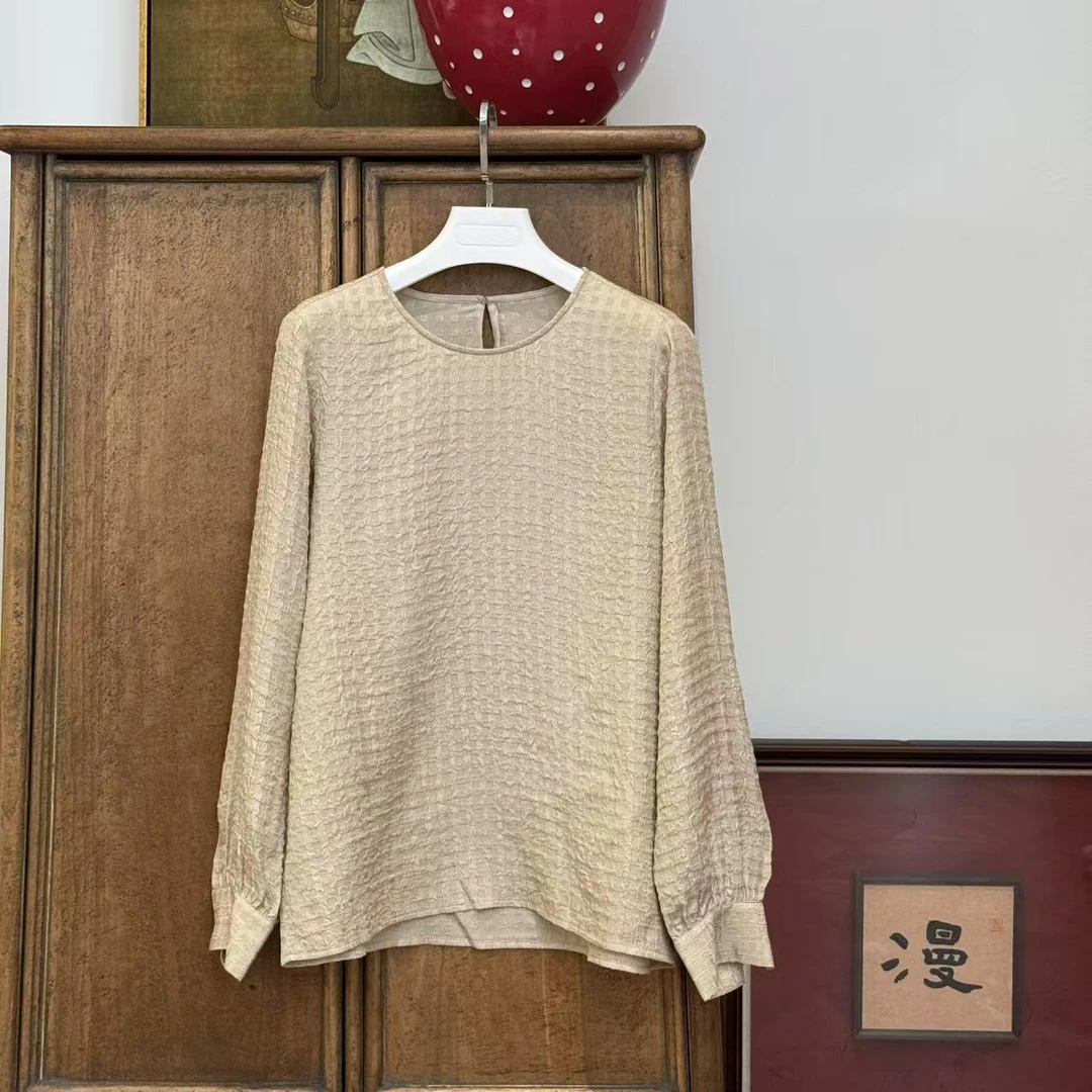 MYL 2025年春季新款桑蚕丝混纺香槟色衬衫褶皱格纹一粒扣衬衫