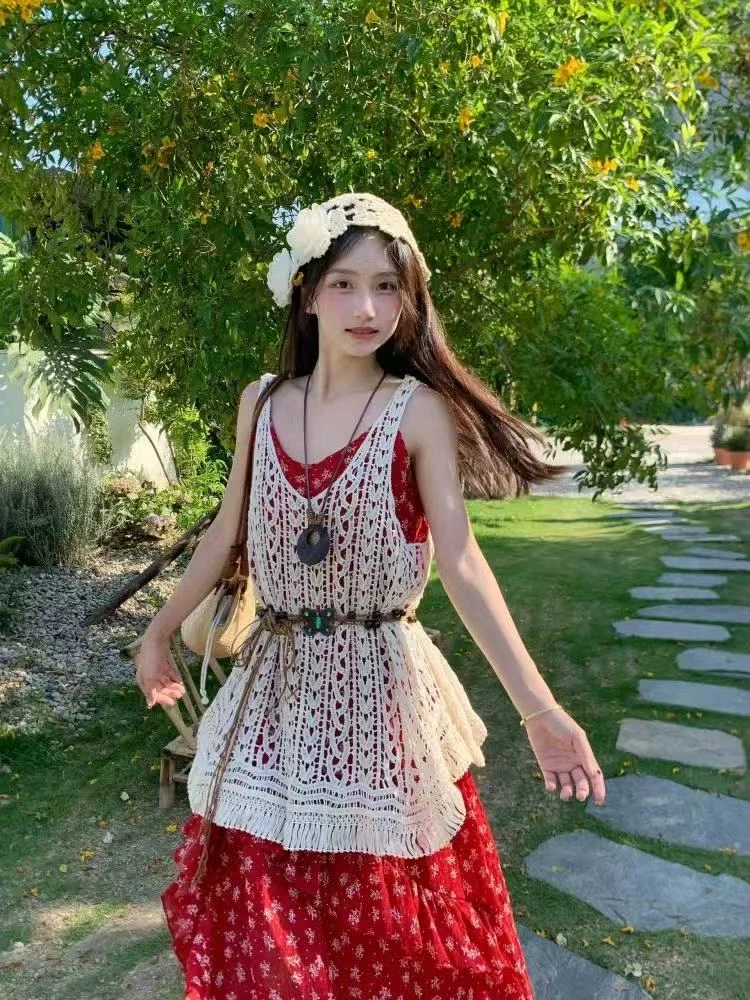 0199-波西米亚风荷叶边印花吊带连衣裙女夏新款复古穿搭绝*