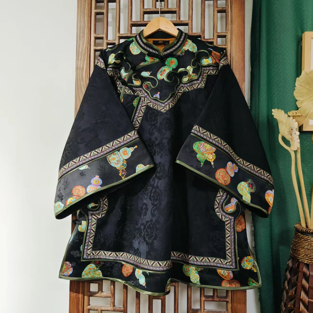 （LS557-5）凤徕兮私人定制黑色香香底拼黑底葫芦如意边斜襟太太服