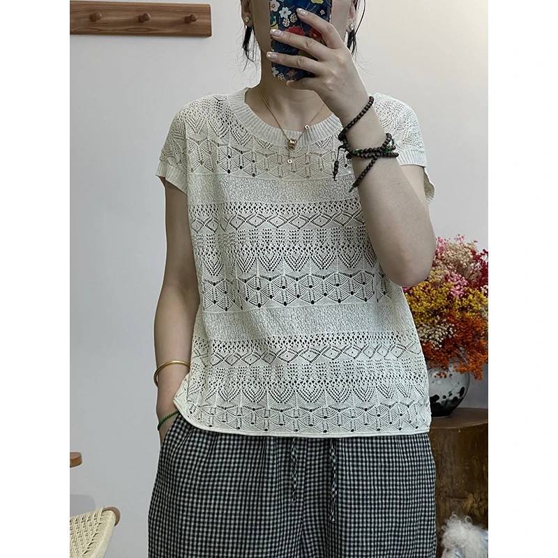 DaoZi/丹丹 时尚镂空薄款百搭夏季短袖针织衫 22823