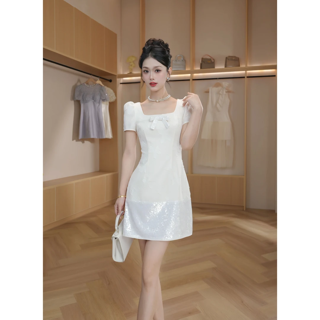 【设计师定制】轻奢法式蝴蝶结修身显瘦杏色气质连衣裙11568