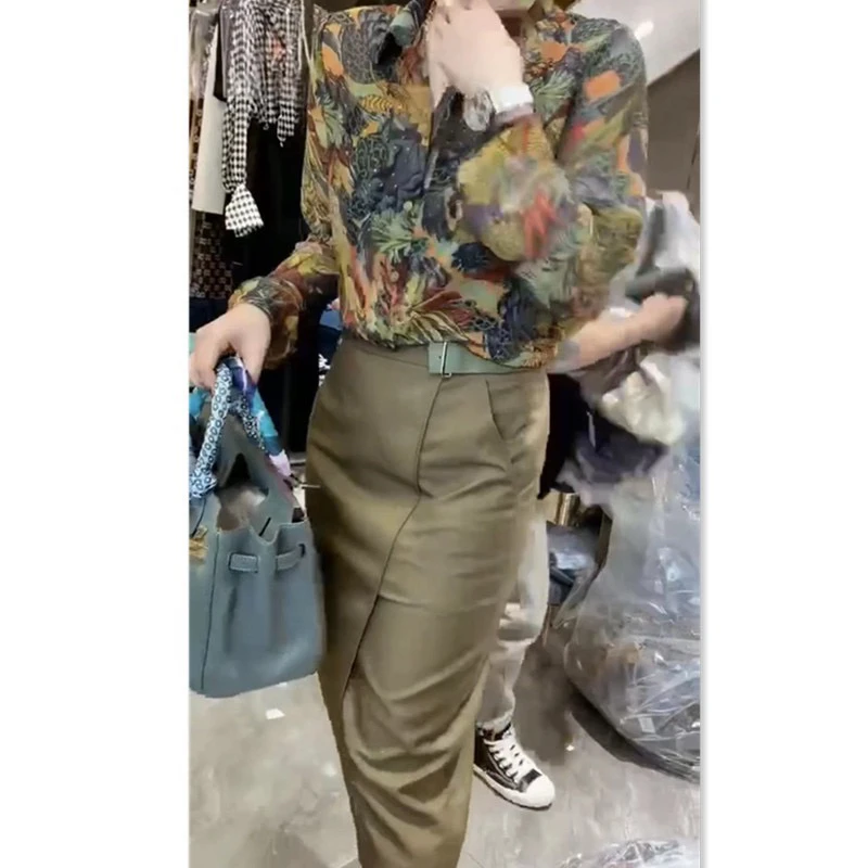 新翻领长袖花衬衫高腰开叉半身裙时尚女装