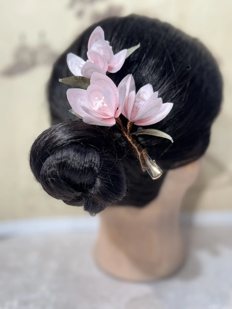 玉兰花发夹 粉色 非遗绒花工艺国风仙女百搭