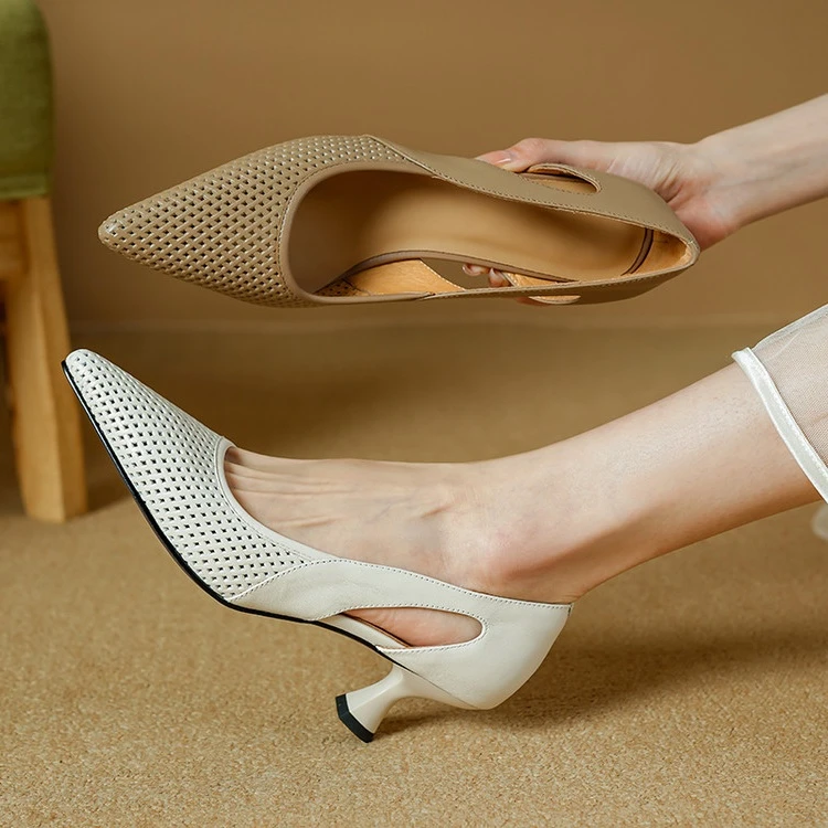 头层牛皮~2025新款夏季镂空尖头细跟高跟鞋女法式气质洞洞凉鞋女