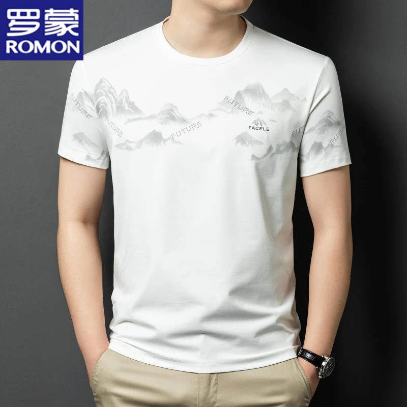 罗蒙时尚潮流印花短袖上衣2025夏季中国风男士休闲圆领薄款T恤衫