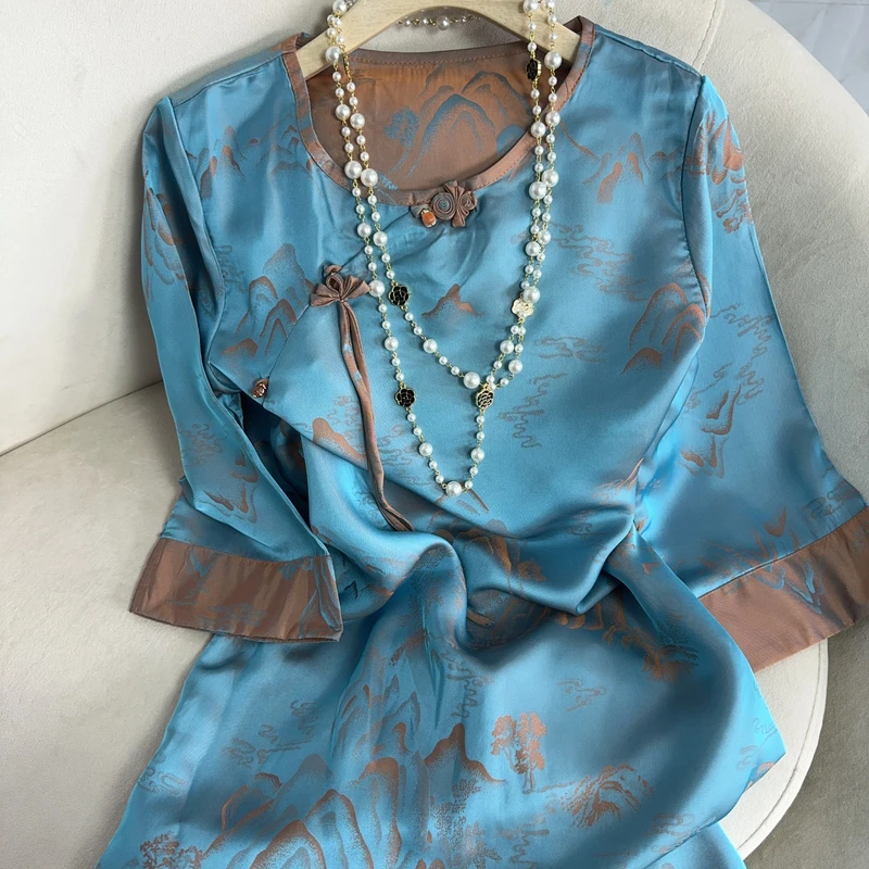 5068款新中式长款连衣裙【蓝色山水】