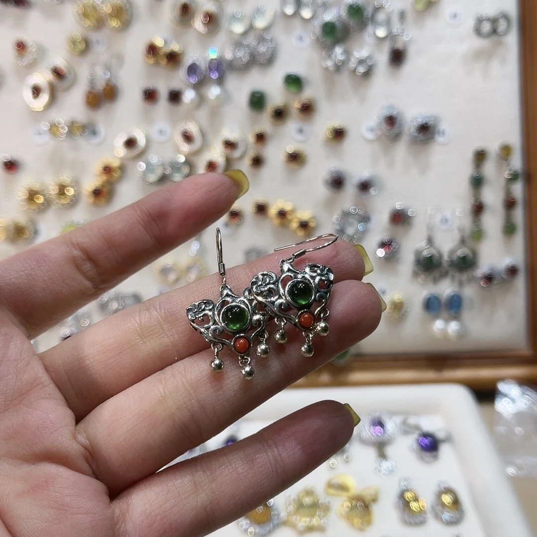 蛇纹石玉颈饰银S925镶嵌