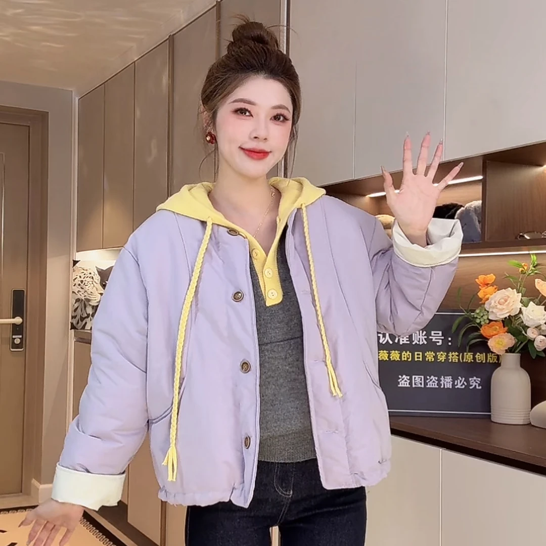 C513圆领撞色款糖果色小个子款短款外套棉服女1023乐C513