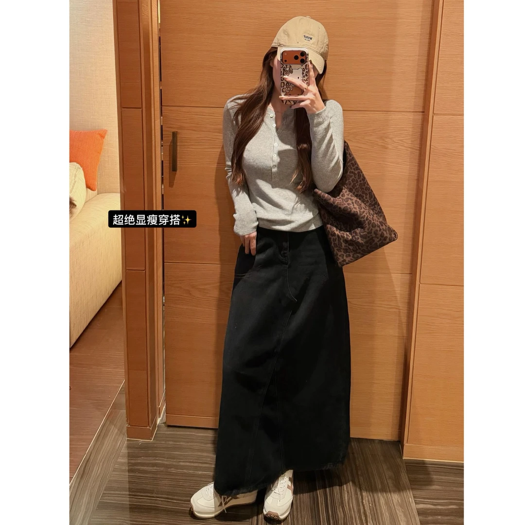 YPP！【时髦dna】私服极简高级感宽松显瘦休闲后开叉牛仔半身裙