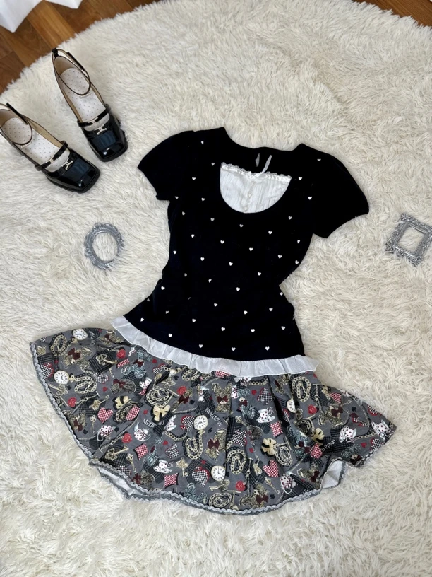 古着vintage之之古着屋黑色裙子蕾丝小香风碎花