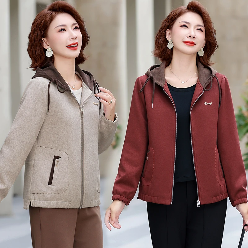 时尚女装秋季连帽休闲外套新款气质中老年妈妈春秋洋气夹克上衣