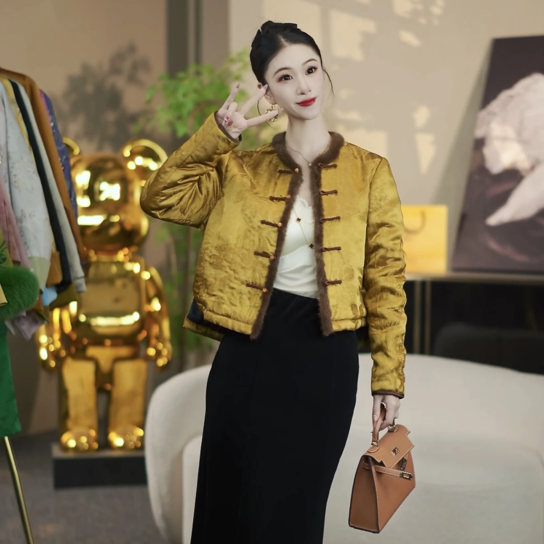 8100新国潮提花一字扣水貂毛外套