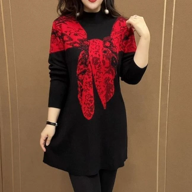 气质休闲新款大码遮肉宽松长袖春季妈妈减龄高档针织裙中长款毛衣