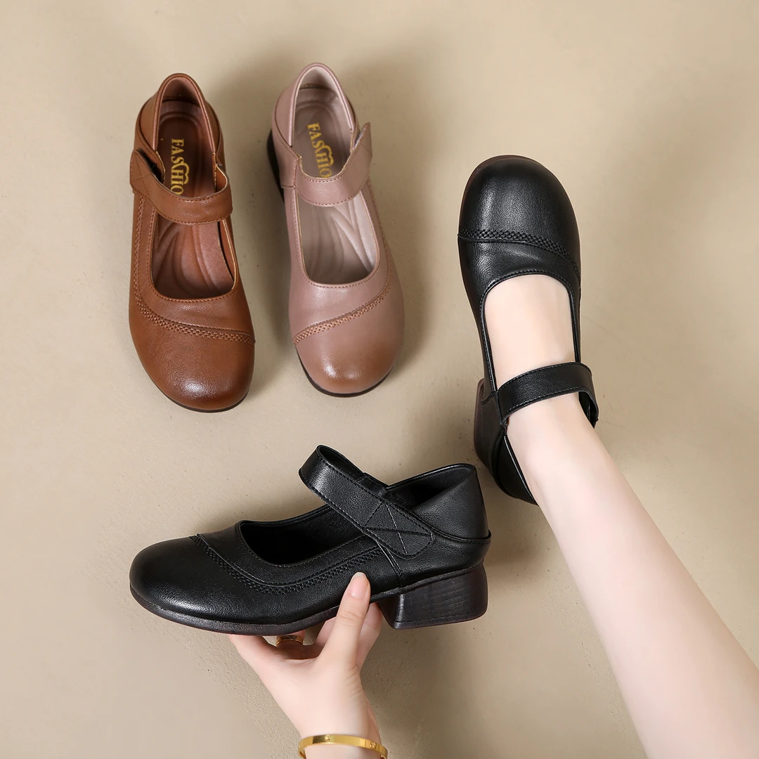 2025秋季新款真皮圆头低跟妈妈鞋渐变色不累脚一字带魔术贴女鞋