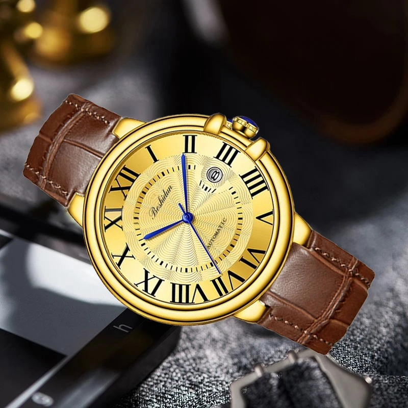 全新未使用时尚潮流百搭蓝泡泡棕皮男表9118专属