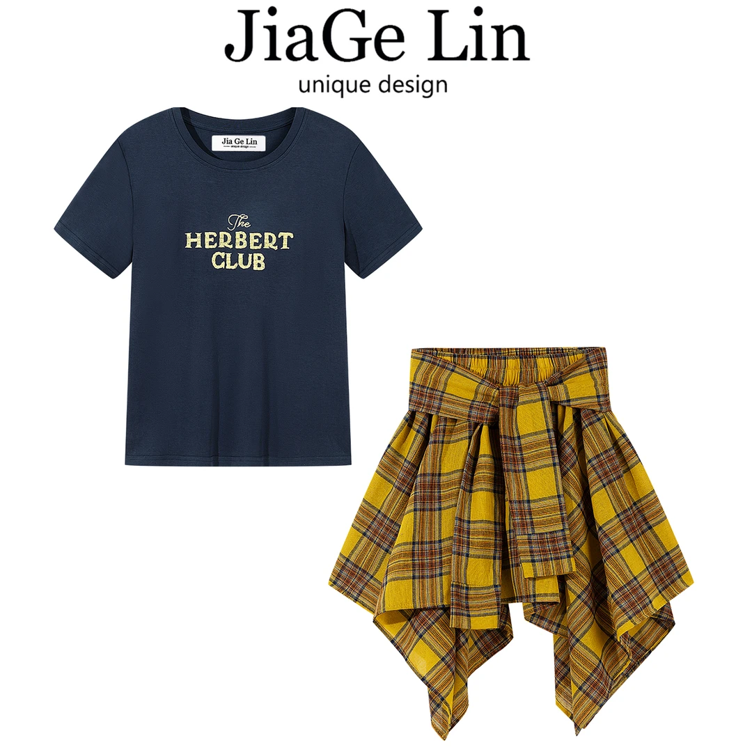 JiaGeLin设计感字母刺绣短袖t恤半身短裙套装女夏韩系休闲两件套