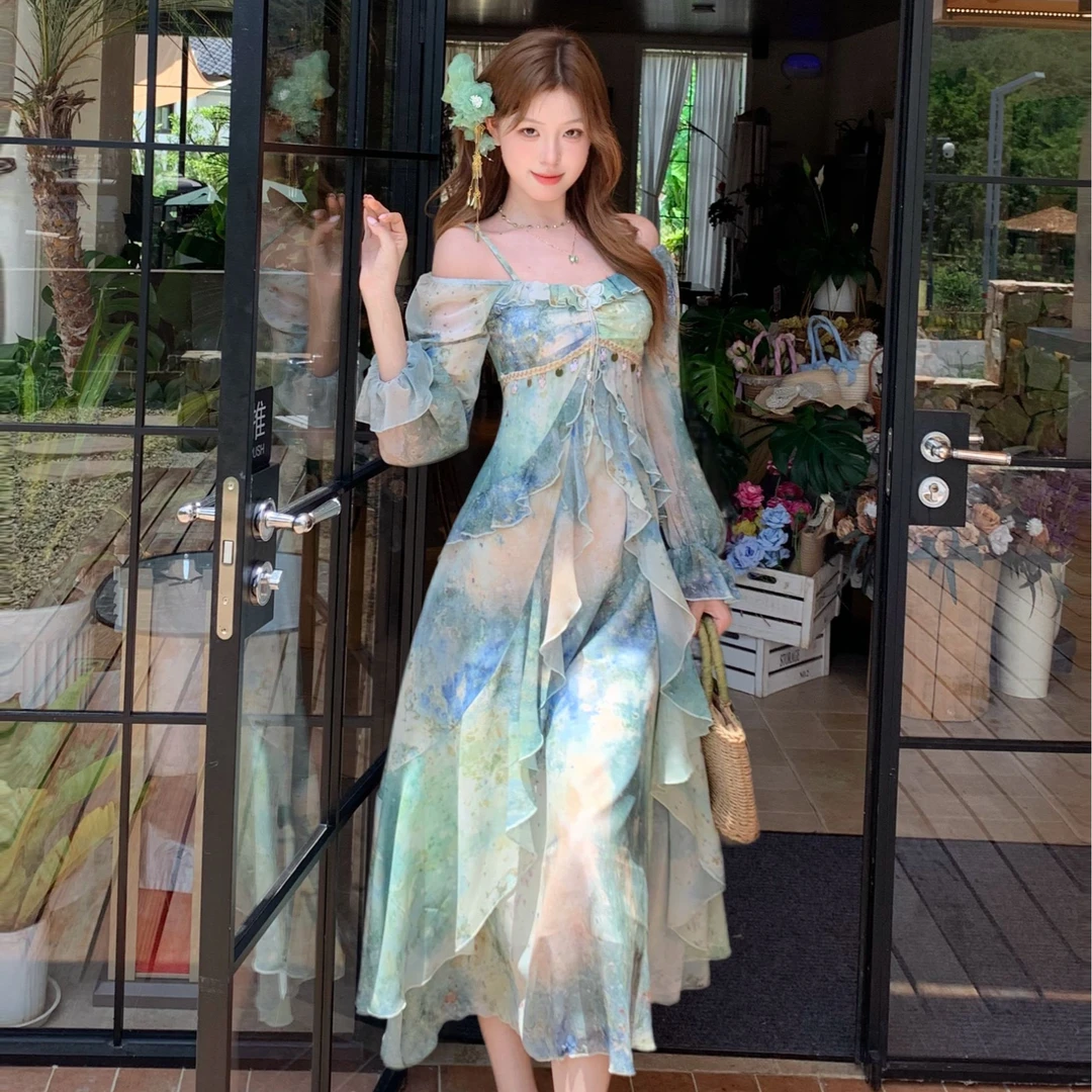 Blovelan碧落垂绡 油画感晕染气质显瘦吊带长袖连衣裙