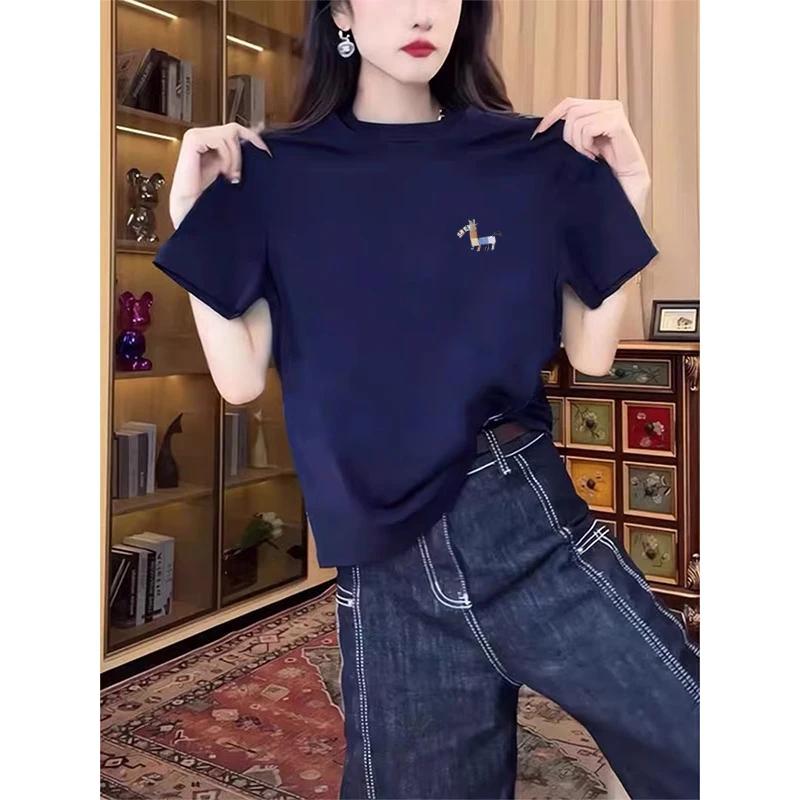 正肩纯棉短袖t恤女装2025新款时尚百搭洋气藏青色薄款上衣夏季潮