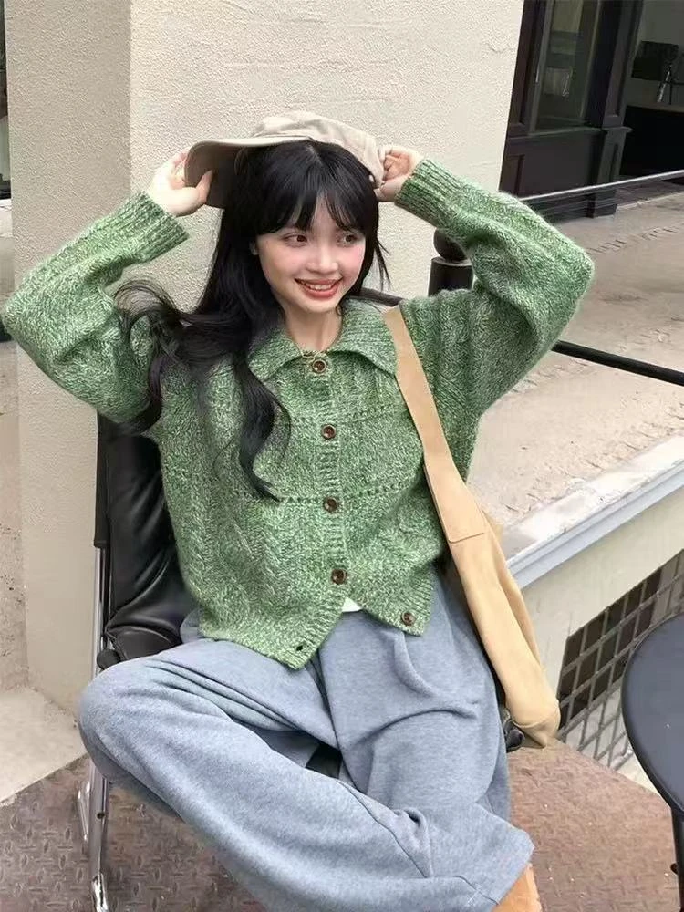 韩系复古杂线菱形麻花针织开衫女秋冬宽松慵懒风紫色毛衣外套上衣