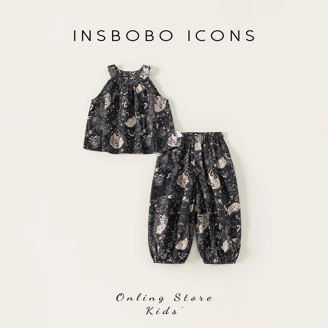 INSbobo儿童套装时尚复古印花无袖上衣松紧腰满印休闲裤XT25437