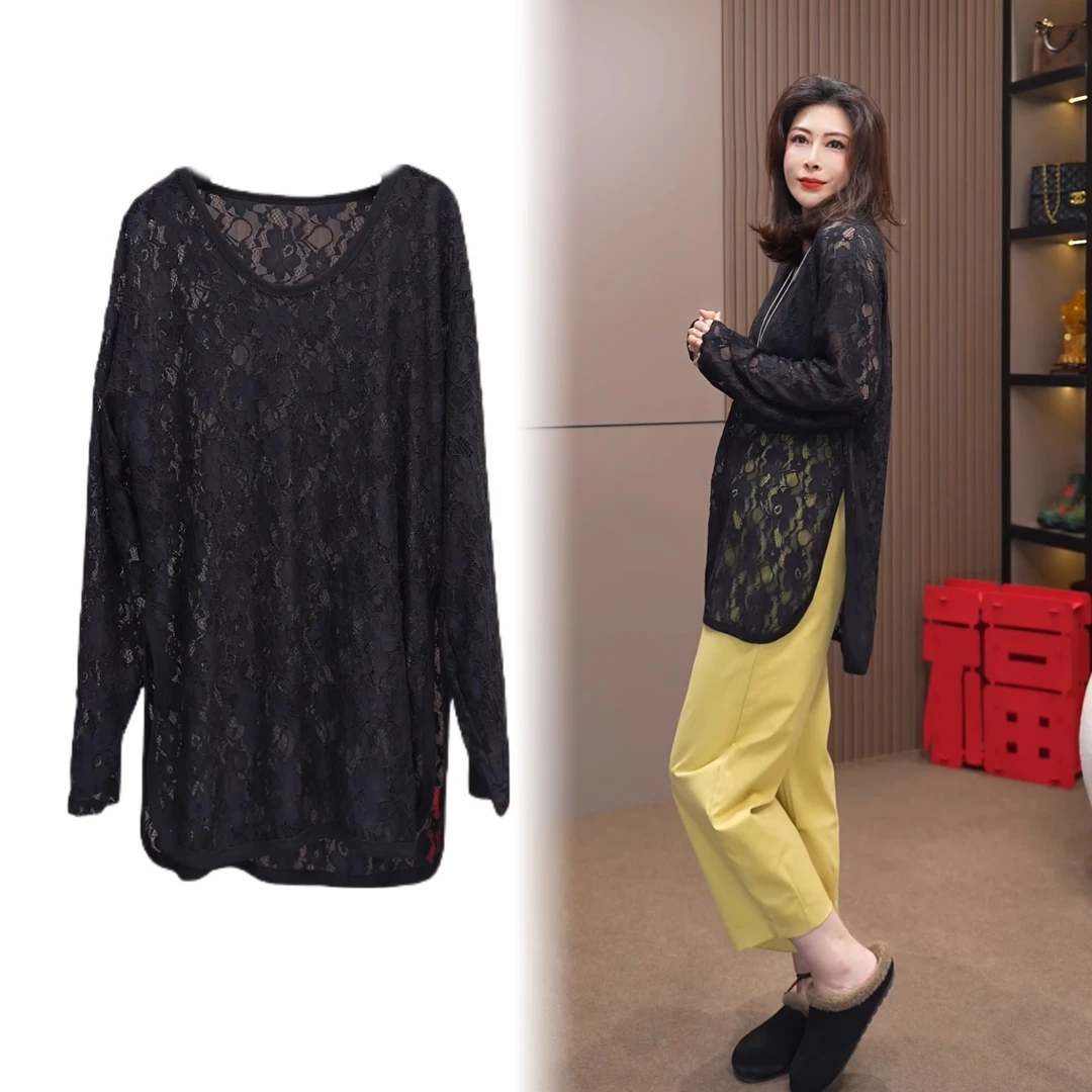 89999#《榜衣》韩版早春新款时尚蕾丝镂空侧开叉设计感长袖女打底衫