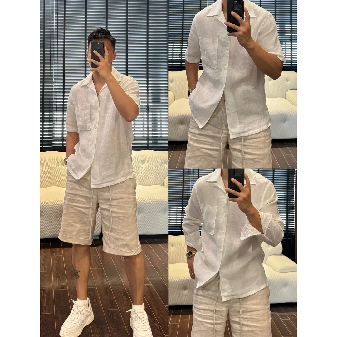 【杰家100%亚麻古巴领衬衣】夏季意式老钱透气时尚亚麻休闲衬衣