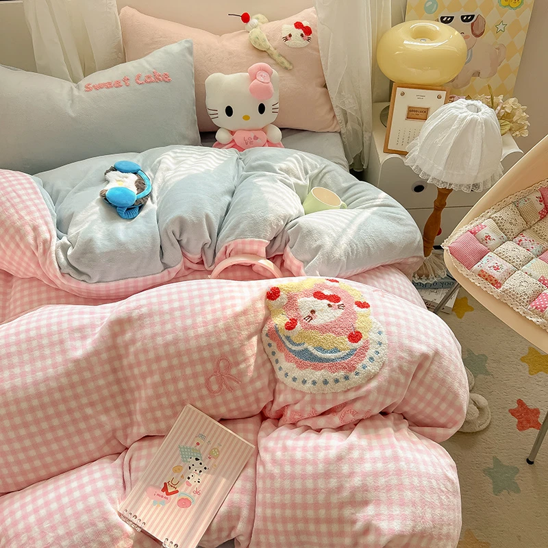 小觅蛋糕猫牛奶绒四件套冬季绣花保暖被套宿舍三件套毛绒加厚床单