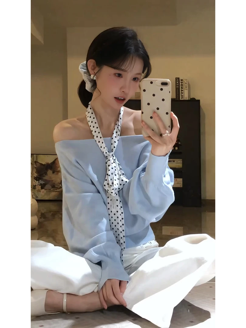 2025秋季新款韩系性感辣妹穿搭一字肩衬衫上衣高腰休闲阔腿裤套装