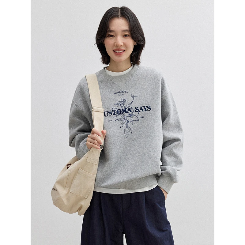 素典美式复古宽松印花卫衣春季新款字母刺绣圆领长袖上衣3214