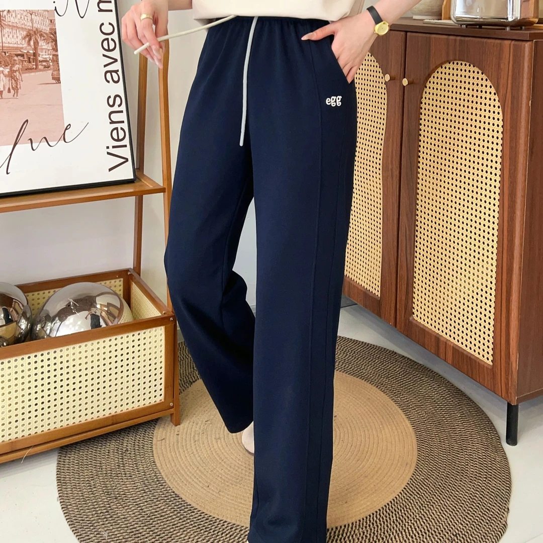 纯色字母显瘦窄版高腰直筒长裤韩版秋季新款休闲刺绣阔腿裤女 293