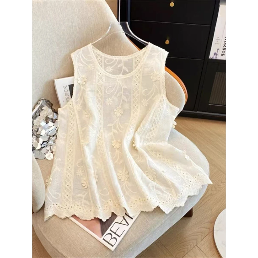 【运补5-8】新镂空休闲百搭提花刺绣拼接蕾丝花朵设计感上衣3301