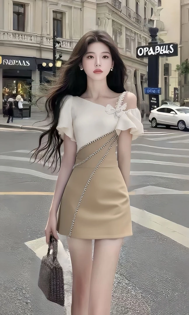 轻奢时尚高端大气设计感斜领露肩收腰卡其色连衣裙小众显瘦气质