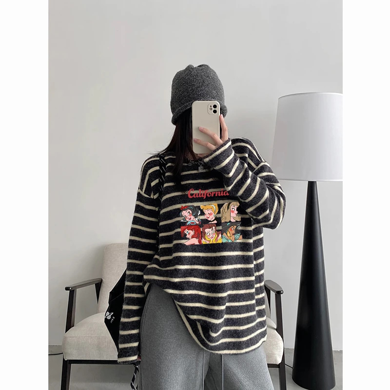 黑白条纹破洞长袖T恤女2025早春新款慵懒风宽松显瘦中长款上衣潮