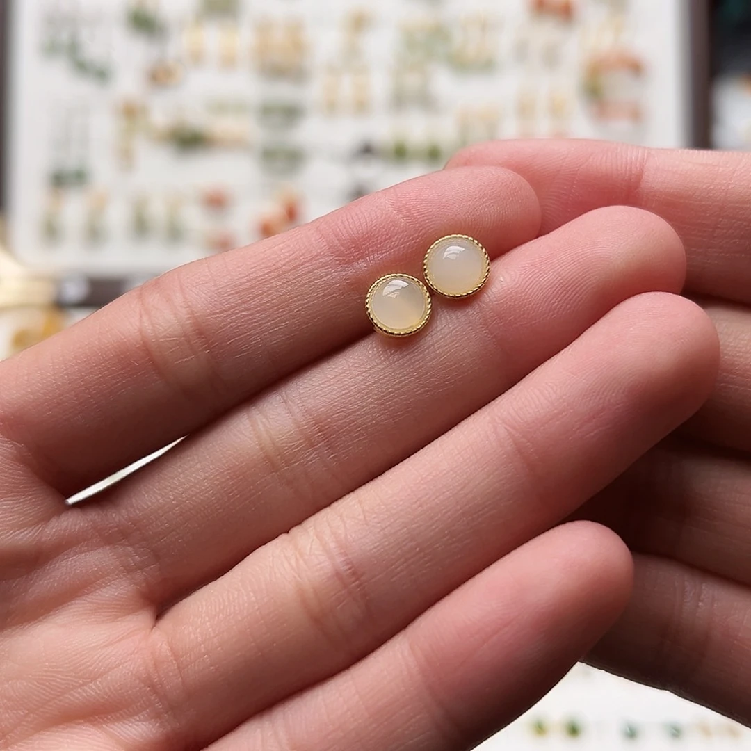 银S925镀金镶嵌和田玉耳钉