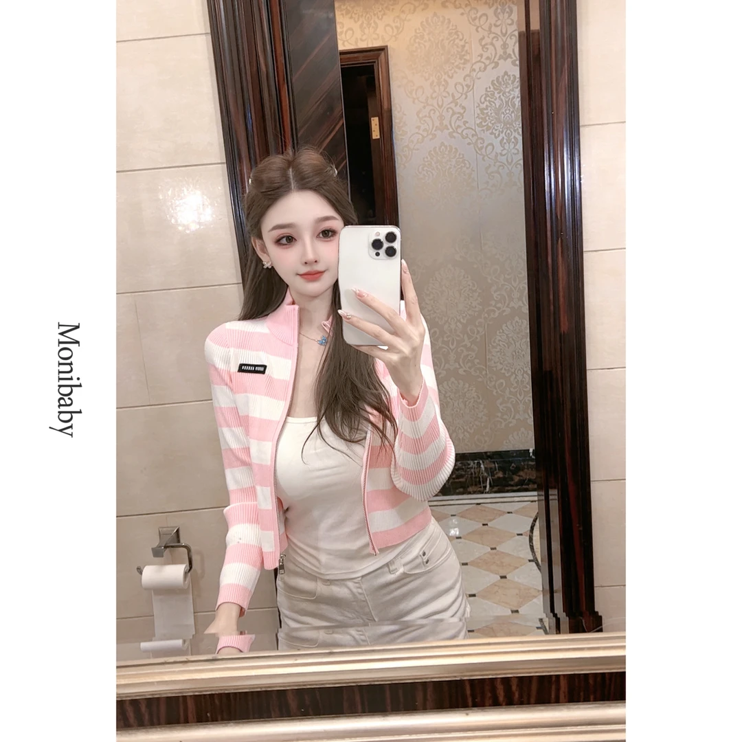 Moni【超爱条纹】早秋时髦撞色立领双头拉链短款毛衣开衫外套