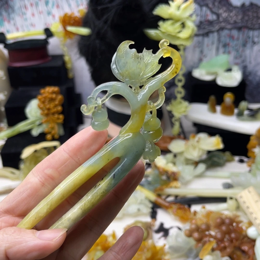 【闪购商品】蛇纹石玉发饰合金榆*