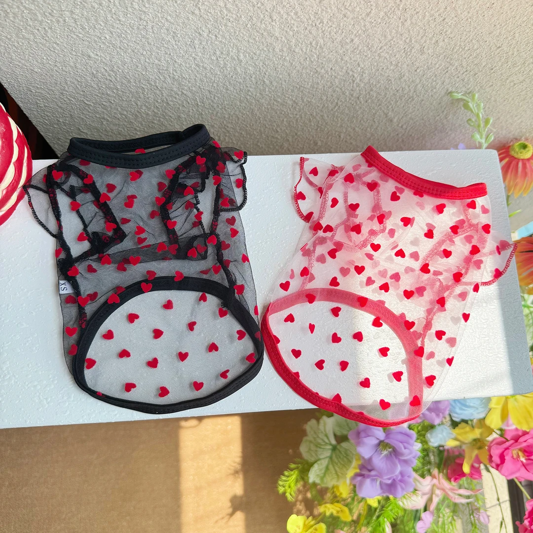 爱心网纱飞袖背心夏季薄款透气狗狗猫咪衣服用品防掉毛柔软比熊犬