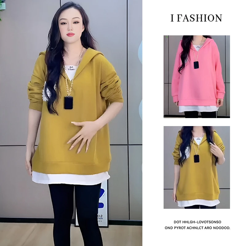 高含棉假两件卫衣女2025春秋季新款宽松中长款遮屁股休闲韩版上衣